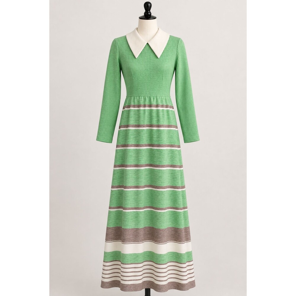 Vintage MCM 60’s 70's V Neck Long Sleeve Polyester Knit Midi Dress S/M Retro Mod